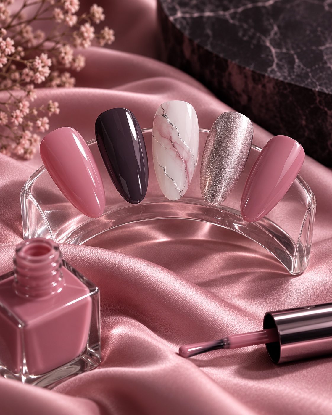 Illustrative studio study of pink, plum and white artificial nail samples on satin